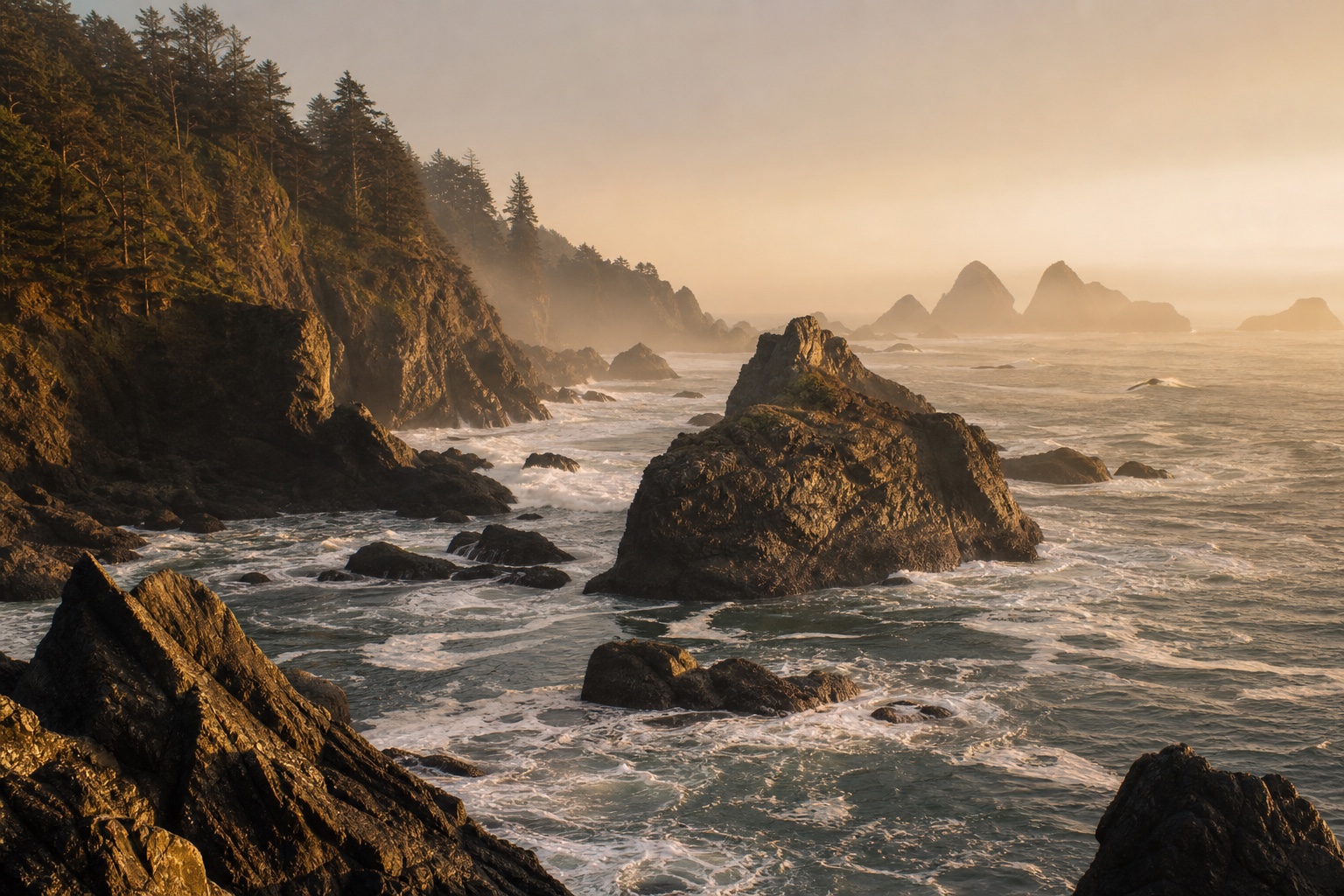 Misty rocky coastline and sea stacks along the Southern Oregon coast near Brookings