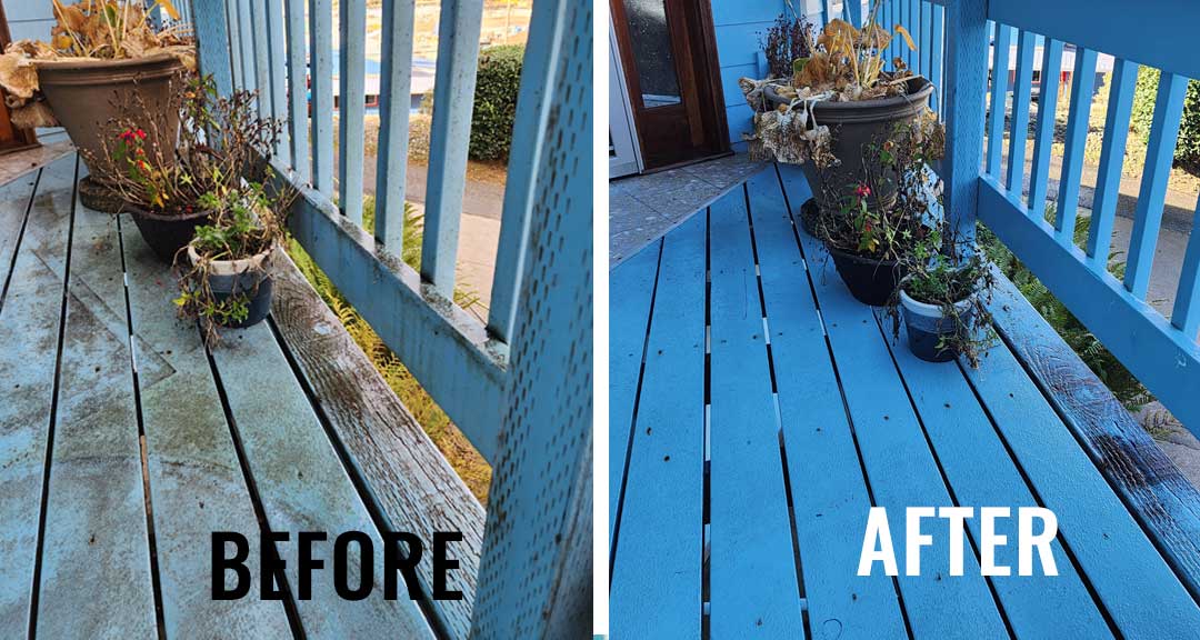 Before and after soft wash of a coastal deck